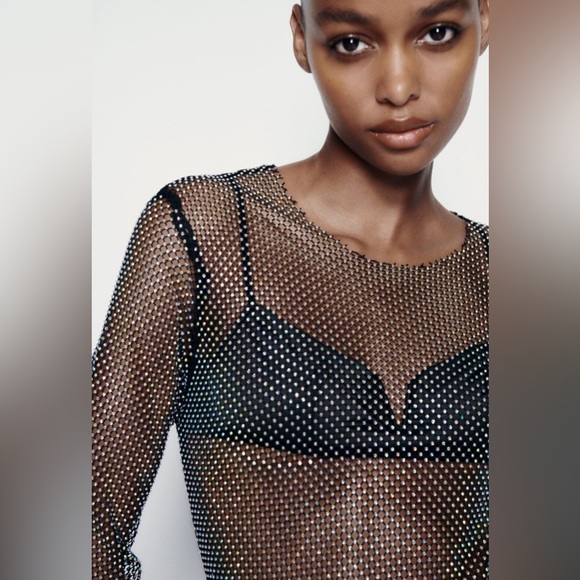 Zara Rhinestone Mesh Fishnet Long Sleeve Maxi Dress - Picture 4 of 11